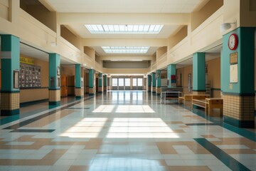 Empty interior of a high school hallway with lockers and classrooms