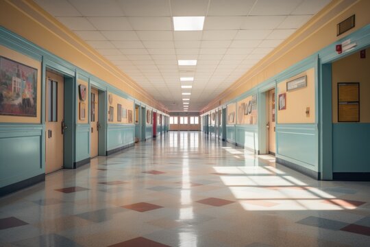 Empty Interior Of An Elementary School Hallway With Lockers And Classrooms