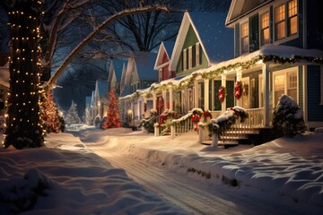 Fototapeta na wymiar Houses in the suburbs during winter and snow decorated for christmas and the new year holidays
