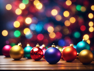 Fototapeta premium colorful christmas ball on the wooden table bokeh background