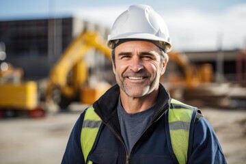 Smiling portrait of a happy male swiss developer or architect working on a construction site