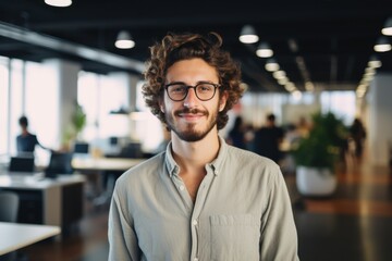 Fototapeta premium Smiling portrait of a happy young caucasian man working for a modern startup company in a business office