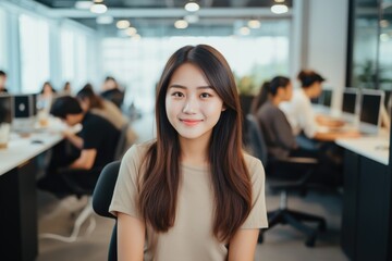 Smiling portrait of a happy asian woman working for a modern startup company in a business office