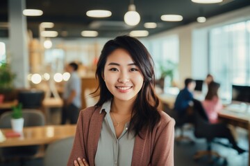 Smiling portrait of a happy japanese woman working for a modern startup company in a business office