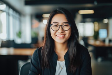 Smiling portrait of a happy japanese woman working for a modern startup company in a business office