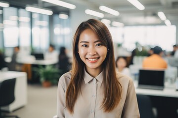 Fototapeta premium Smiling portrait of a happy japanese woman working for a modern startup company in a business office