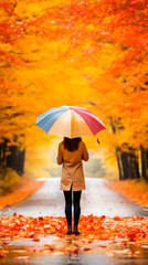 A person in a raincoat, holding an umbrella, standing amidst fall colors.