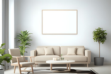 Horizontal blank picture frame mock up in minimalist modern living room interior. Beige style
