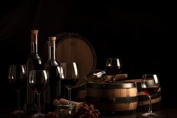Vintage bottle and glass on wooden table. Red wine cellar delights in rustic setting on oak barrel