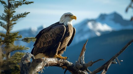 An eagle perched on a tree branch at the edge of a mountain