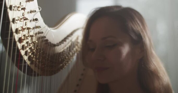 Sensual female musician playing harp in studio