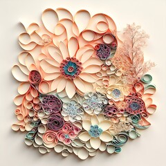 Japanese Paper Art Quilling: 8K Rolled Paper Floral Bouquet in Muted Bohemian Colors on White Background