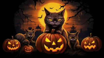 black cat on a halloween pumpkin under the moonlight. silhouette halloween abstract background