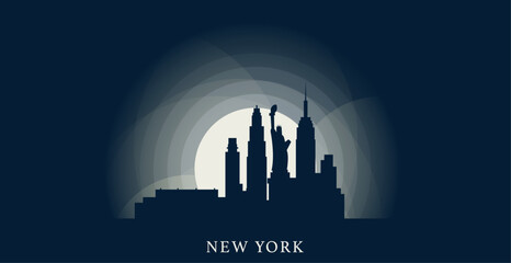 USA United States New York cityscape skyline city panorama vector flat modern banner art. US American Big Apple city emblem idea with landmarks and building silhouette at sunrise sunset night