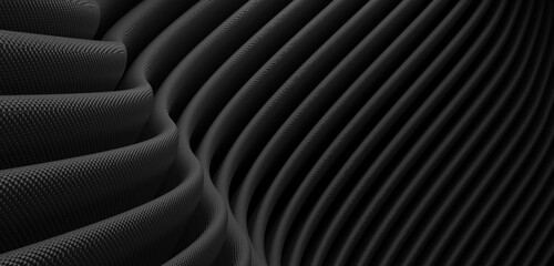 black background waves Parallel waves of plastic Twisted curved tube 3D illustration - obrazy, fototapety, plakaty