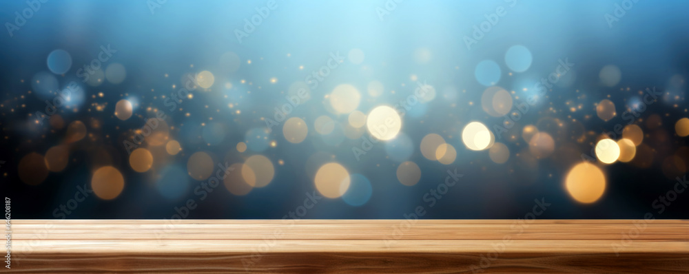 Poster empty wooden table with bokeh yellow lights and blue background. for product display. high quality p
