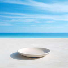 Fototapeta na wymiar Empty white plate on the sandy beach with blue sky and sea background. High quality photo