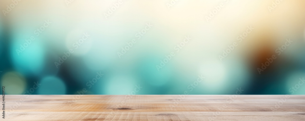 Poster wooden table in front of abstract blurred bokeh light green and sunshine background. high quality ph