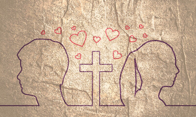 Happy valentines day and wedding design concept. Side view. Woman and man head thin line style silhouettes. Christian cross between people