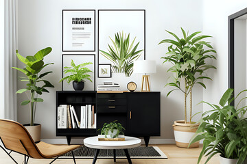 Interior design of living room interior with mock up poster frame, round black coffee table, wooden sideboard, stylish chair, plants, rack, lamp and personal accessories. Home decor. Template.