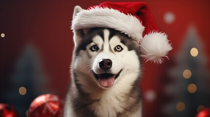 a photograph of cute siberian husky dog wearing santa clause costume for christmas celebration generative ai