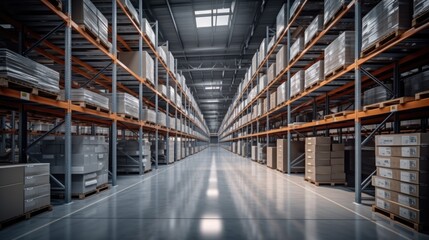 Obraz premium Logistics, Rows of shelves with boxes at large warehouse with numerous items, Inventory control, Order fulfillment or space optimization.