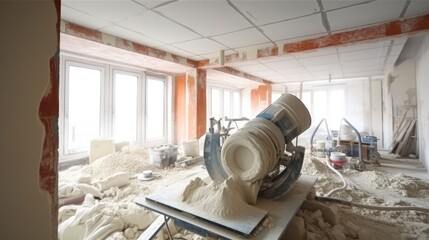 Specialized mixer for mixing dry plaster with water at building site.