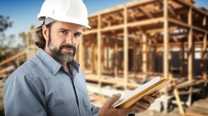 Building contractors analyzing blueprint at construction site.