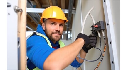 Electrician installing electricity in a new house under construction.