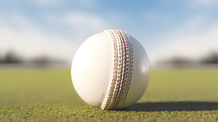 Close up of white cricket ball on grass, background for world test championship 