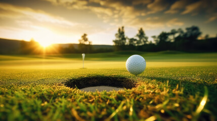 Golf ball at edge of hole on putting green outdoors. - obrazy, fototapety, plakaty