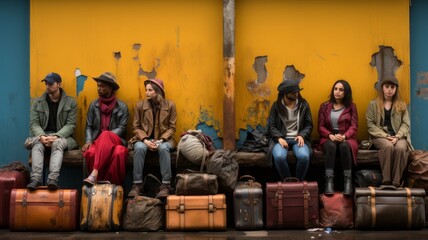 young man enjoying group travel sitting on all suitcases picturesque and colorful villages