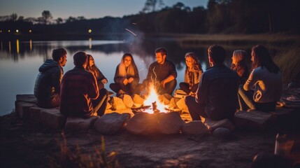a group of friends relaxing by a campfire during a lakeside picnic, their backs facing the camera.  - Powered by Adobe