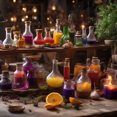 Obraz na płótnie Canvas A magical potion-making workshop where chefs brew colorful elixirs and create edible spells with sparkling ingredients1