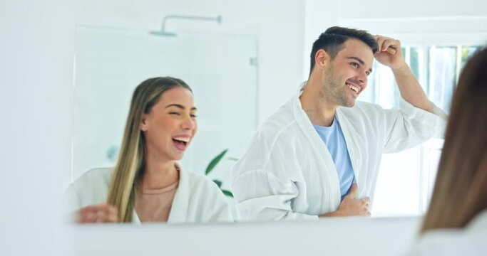 Happy couple, hair and singing with brush in grooming, bathroom or morning routine together at home. Man and woman smile enjoying bonding, fun day or getting ready in haircare or hygiene at house