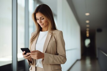A Caucasian businesswoman confidently holding a cellphone in a modern office setting.
