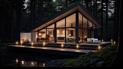 Obraz premium Modern cabin house in deep forest, Modern luxury villa exterior in minimal style.