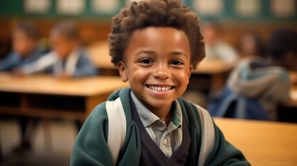 Fototapeta na wymiar Portrait of young African American boy smiling in a elementary school classroom at school.