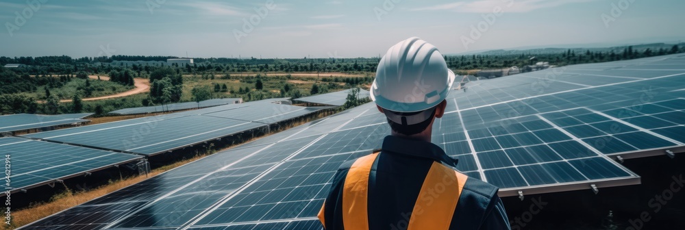 Poster engineer working with digital tablet in solar power station.