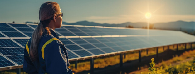 Workers at a renewable energy plan, Young woman working in solar power station.