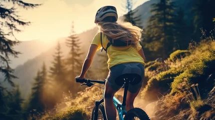 Foto op Plexiglas Fiets Mountain biking woman riding on bike in forest at mountain.