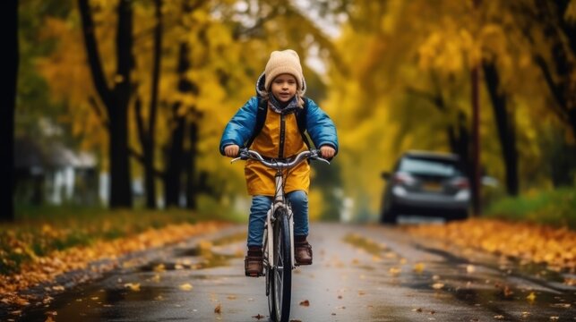 shot of a kid back to school ride a bicycle in autumn