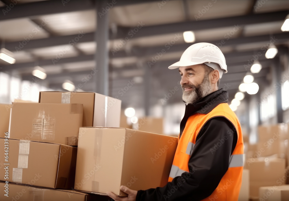 Poster warehouse worker with cardboard boxes are working at large warehouse, inventory control, order fulfi
