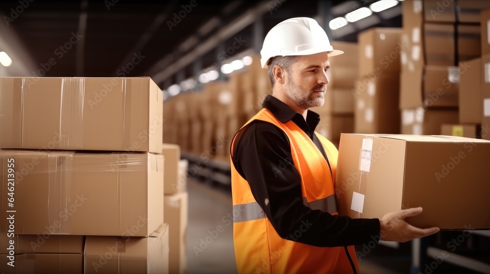 Poster warehouse worker with cardboard boxes are working at large warehouse, inventory control, order fulfi