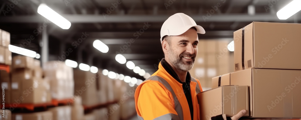 Poster warehouse worker with cardboard boxes are working at large warehouse, inventory control, order fulfi