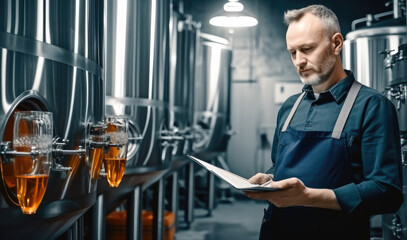 Man examining quality of craft beer at alcohol brewery manufacturing factory.