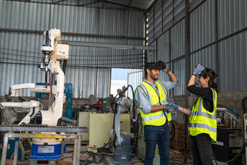 Engineers wearing goggles while controlling robot arm machine welding steel, worker using forcing welding with a control screen which is used for precision welding control.