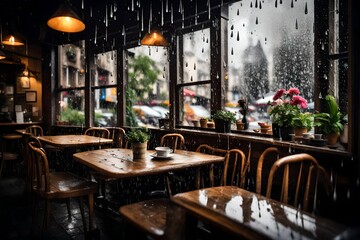 Fototapeta na wymiar A rain-splattered cafe window with cozy ambiance.