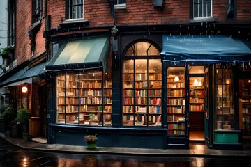 A quaint bookshop's rainy windowpane in twilight. - obrazy, fototapety, plakaty