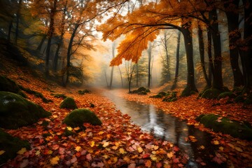Fototapeta premium Rain-kissed autumn leaves in a tranquil forest.